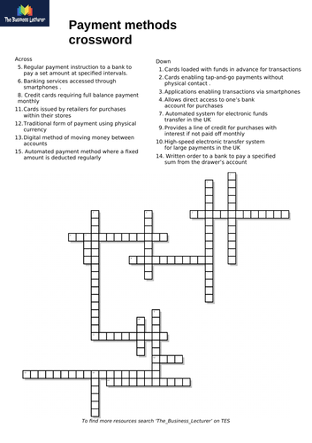 Unit 3: Payment Methods Crossword