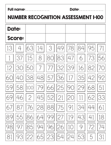 Number Identification Assessment 1-100