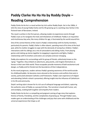 Paddy Clarke Ha Ha Ha by Roddy Doyle – Reading Comprehension