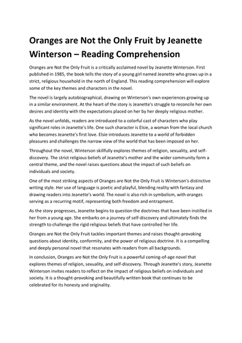 Oranges are Not the Only Fruit by Jeanette Winterson – Reading Comprehension