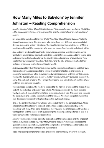 How Many Miles to Babylon? by Jennifer Johnston – Reading Comprehension
