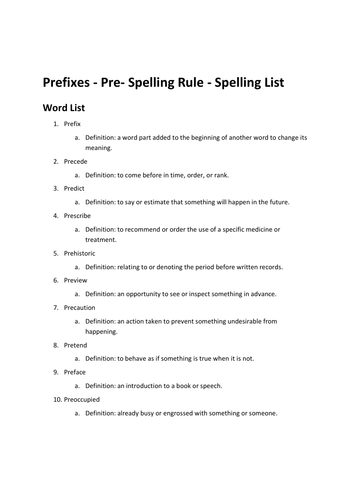 Prefixes - Pre- Spelling Rule - Spelling List