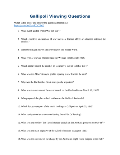 WWI Gallipoli Campaign Video Viewing Questions Worksheet