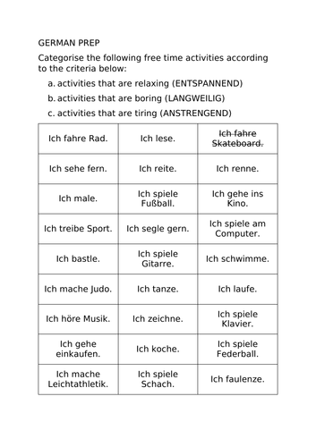 topic Freizeit  homework worksheet