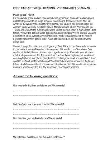 FREE TIME ACTIVITIES GERMAN STUDENT WORKBOOK PRACTICE PAPER