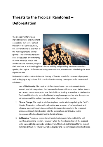 Threats to the Tropical Rainforest – Deforestation - Worksheet