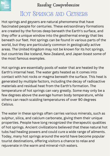 Hot Springs and Geysers Worksheet