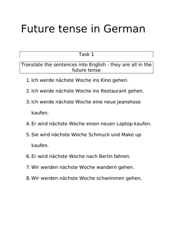 FUTURE TENSE IN GERMAN PRACTICE PAPERS AND WORKSHEETS