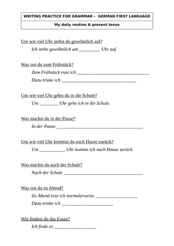 writing practice German my daily routine