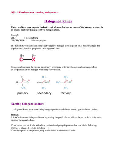 Complete revision notes for AQA AS level chemistry- Halogenoalkanes