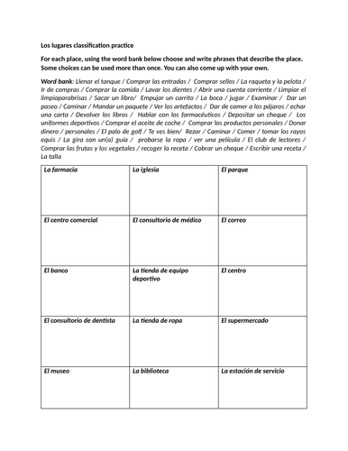 Los lugares classification practice