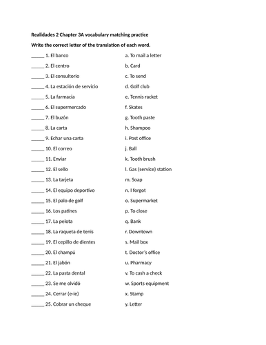 Realidades 2 Chapter 3A vocabulary matching practice