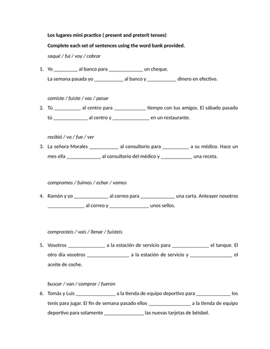 Los lugares mini practice ( present and preterit tenses)