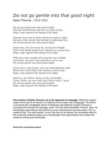 iGCSE ENGLISH LITERATURE poetry anthology "Do Not Go Gentle" DYLAN THOMAS