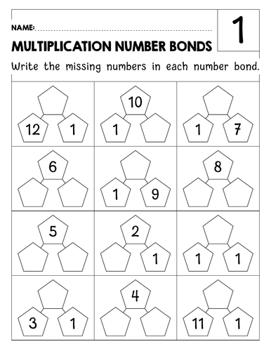 Multiplication number bonds 1-12 worksheets with Answer Key