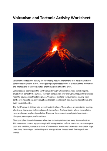 Volcanism and Tectonic Activity Worksheet