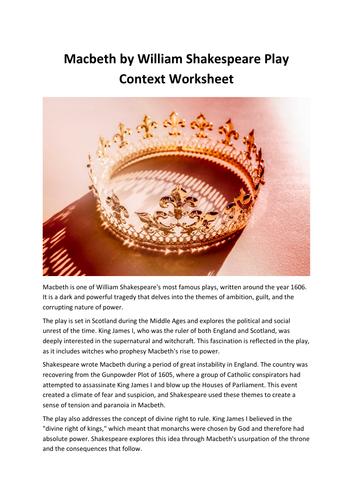 Macbeth by William Shakespeare Play Context Worksheet