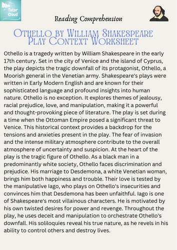 Othello by William Shakespeare Play Context Worksheet | Teaching Resources