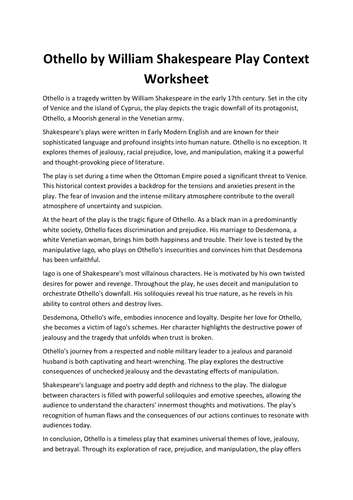 Othello by William Shakespeare Play Context Worksheet