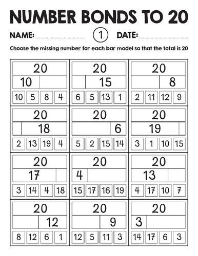 Number bonds to 20 bar model worksheets : Addition to make a twenty