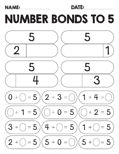 Number bonds to 5 bar model worksheet : Addition to make a Five