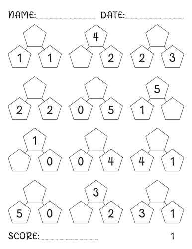 Addition and subtraction number bonds to 5 worksheets with Answer Key