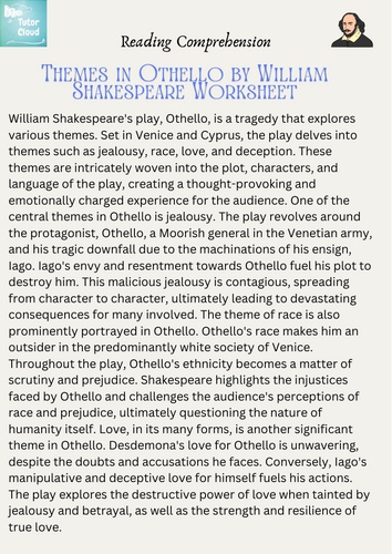 Themes in Othello by William Shakespeare Worksheet