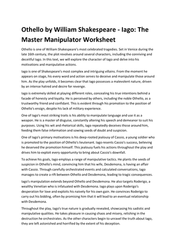Othello by William Shakespeare - Iago: The Master Manipulator Worksheet