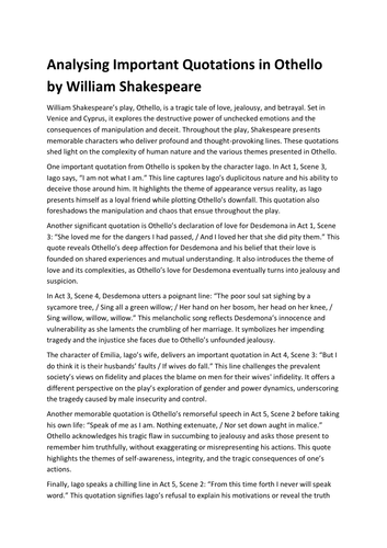 Analysing Important Quotations in Othello by William Shakespeare