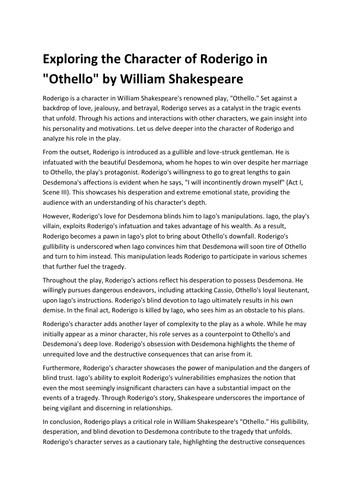 Exploring the Character of Roderigo in Othello by William Shakespeare