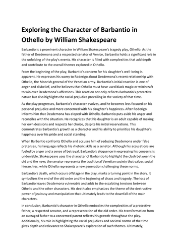 Exploring the Character of Barbantio in Othello by William Shakespeare