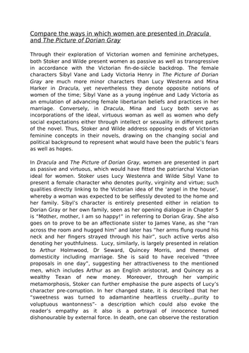 Dracula and Dorian Gray Exemplar Model Essay - 'Women'