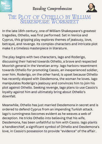 The Plot of Othello by William Shakespeare Worksheet
