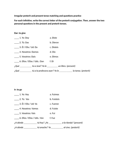 Irregular preterit and present tense matching and questions practice