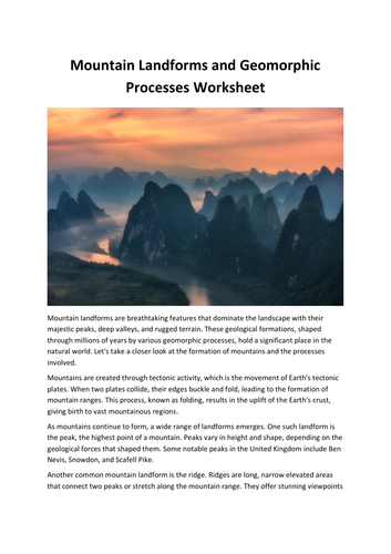 Mountain Landforms and Geomorphic Processes Worksheet