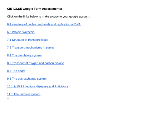 CIE Biology Revision: Google Form Assessments topics: 6-11