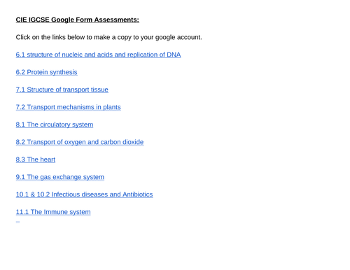 CIE Biology Google Form Assessments topics: 6-11