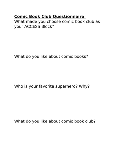 Comic Book Club Questionnaire
