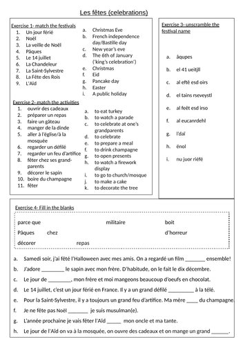 Les fêtes GCSE conti style worksheet
