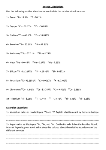 Isotope Calculations Worksheet (with answers)