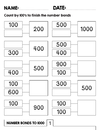 Number bonds to 1000 worksheets with Answer Key