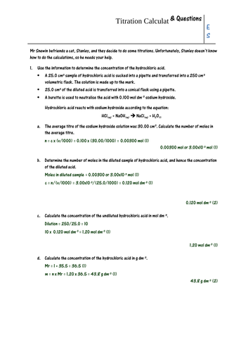 Titration Calculations and Questions Worksheet