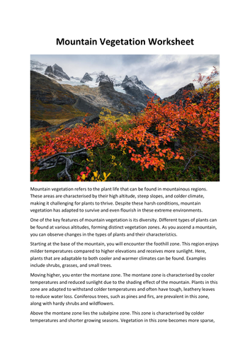 Mountain Vegetation Worksheet