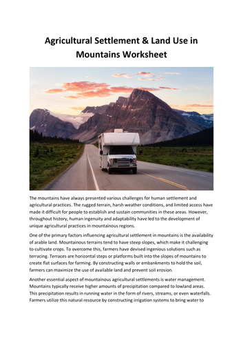 Agricultural Settlement & Land Use in Mountains Worksheet