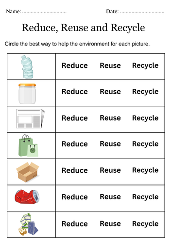 Printable reduce reuse recycle worksheets for kindergarten