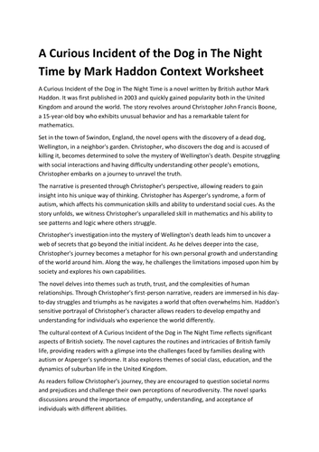 A Curious Incident of the Dog in The Night Time by Mark Haddon Context Worksheet