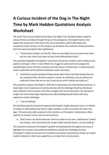 A Curious Incident of the Dog in The Night Time by Mark Haddon Quotations Analysis Worksheet