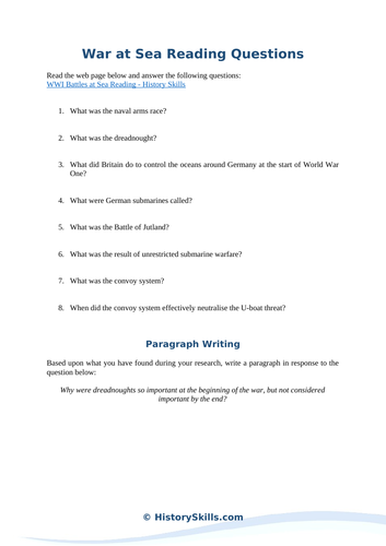 WWI Battles at Sea Reading Questions Worksheet