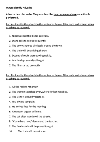KS2 Identify Adverbs Task