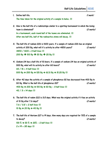 Half-Life Calculations Worksheet